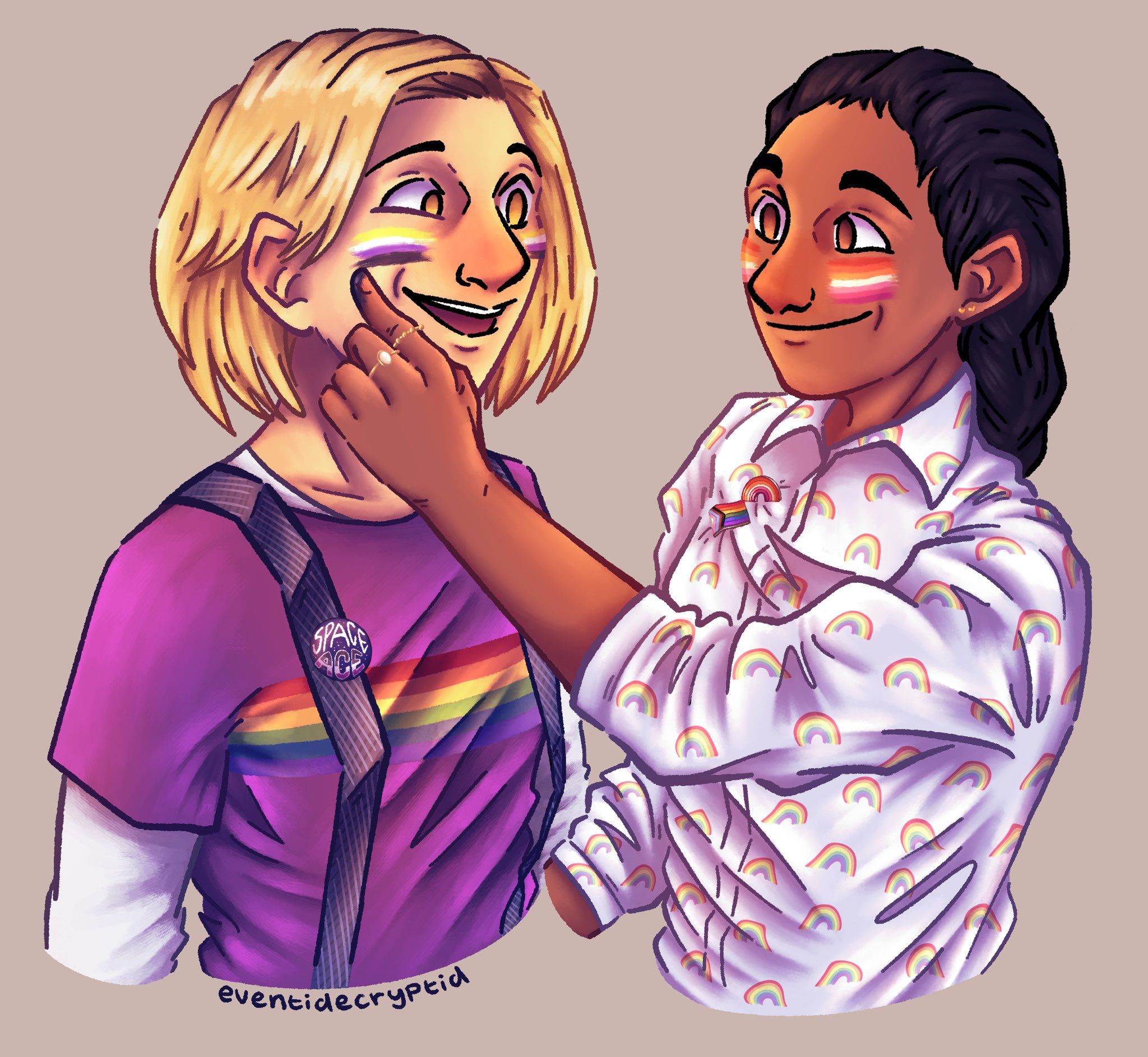 3 June: "Gearing up for Pride month with the Doctor and Yaz! 🏳️‍🌈 #FanartFriday 🖌️: @eventidecryptid"[33]