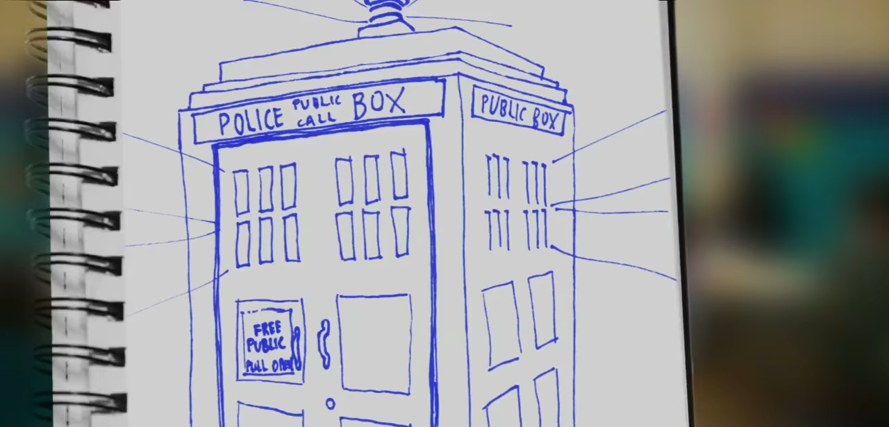 Kirby Buckets' drawing of the TARDIS in blue pen on his notepad. (TV: Untitled [+]Loading...["Untitled (Disney XD TV story)"])
