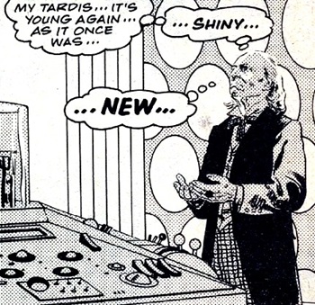 The Doctor and the TARDIS regressed by a space amoeba. (COMIC: Timeslip [+]Loading...["Timeslip (comic story)"]