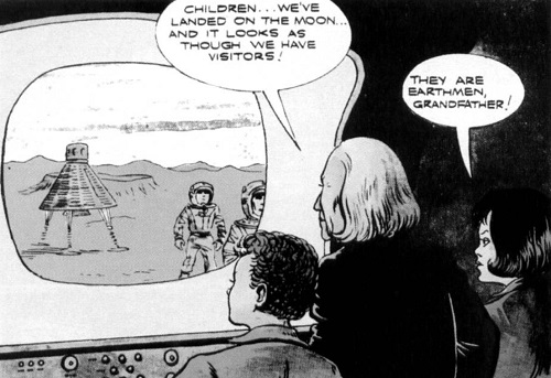 From within the TARDIS, the Doctor and his grandchildren watch the first men to walk on the Moon. (COMIC: Moon Landing [+]Loading...["Moon Landing (comic story)"])