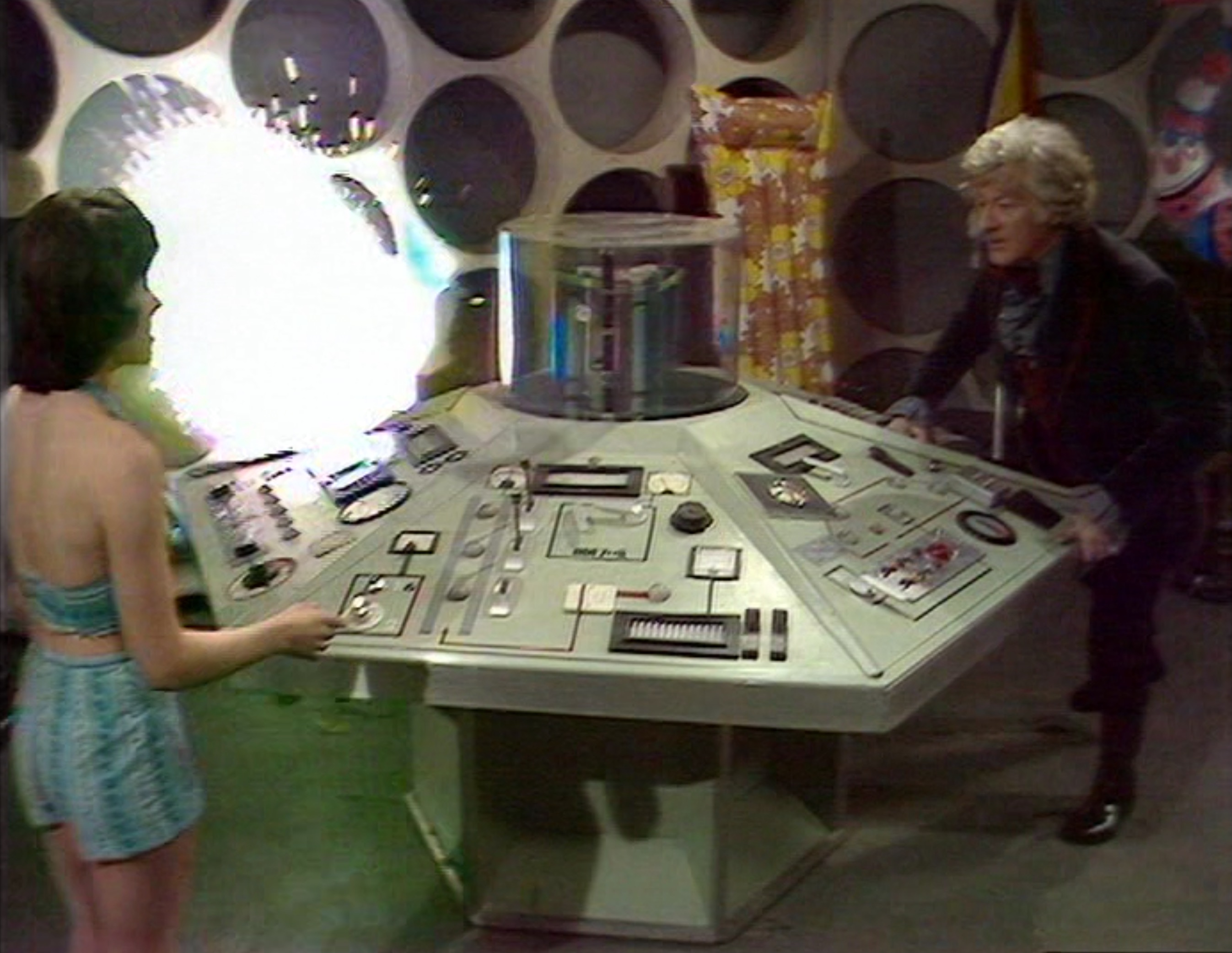 The TARDIS console explodes as it encounters the Exxilon beacon. (TV: Death to the Daleks [+]Loading...["Death to the Daleks (TV story)"])