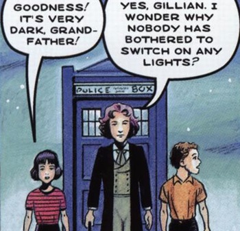 The Doctor, John and Gillian leave the TARDIS in the Doctor's dream. (COMIC: The Land of Happy Endings [+]Loading...["The Land of Happy Endings (comic story)"])