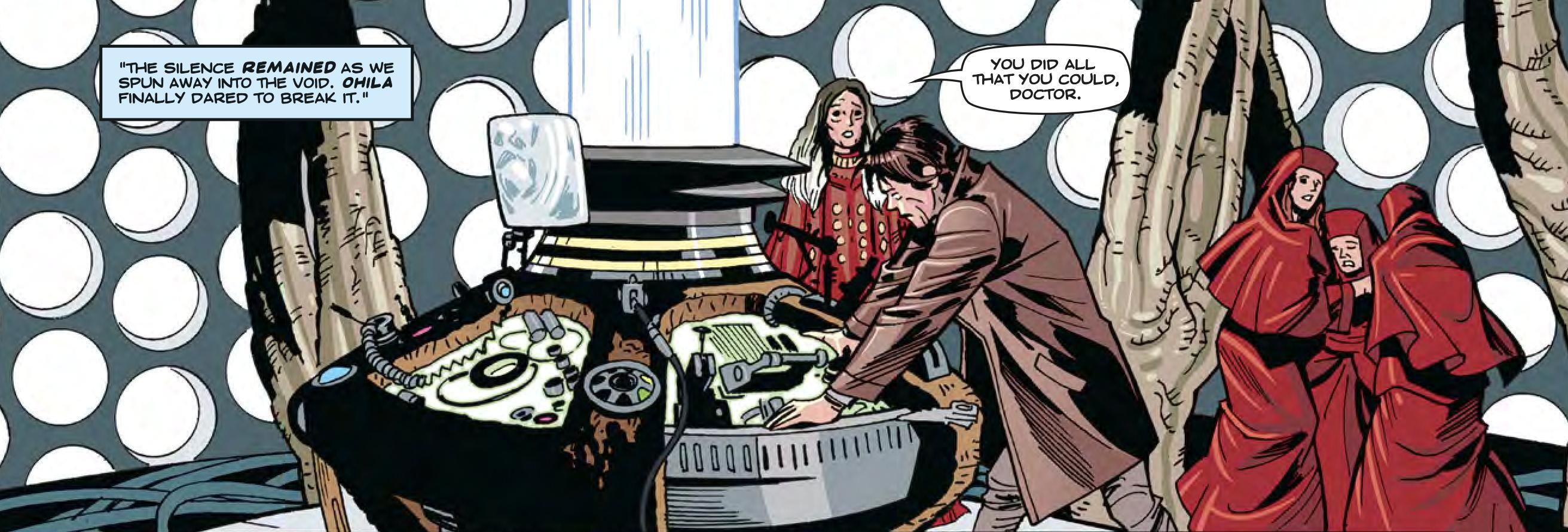 The War Doctor and the Sisterhood of Karn in the TARDIS following Fey's apparent death in the Time War. (COMIC: The Clockwise War [+]Loading...["The Clockwise War (comic story)"])