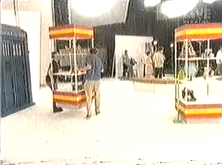 The TARDIS (left) in a recreation of the Blue Peter studio.