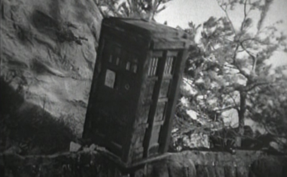 The TARDIS teeters on the edge a cliff in Rome. (TV: The Romans [+]Loading...["The Romans (TV story)"])