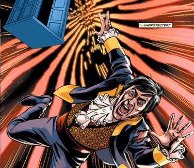 Ramón Salamander falls from the TARDIS after his fight with the Second Doctor. (COMIC: The Heralds of Destruction [+]Loading...["The Heralds of Destruction (comic story)"])