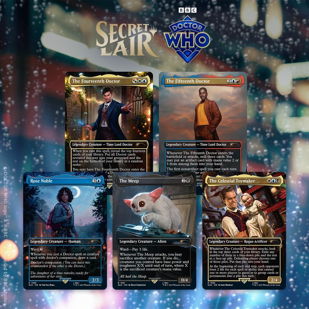 Magic the Gathering: Universes Beyond: Doctor Who Secret Lair cards.