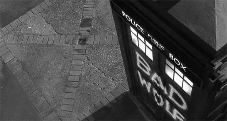 Ominous graffiti on the TARDIS. (TV: Aliens of London [+]Loading...["Aliens of London (TV story)"])
