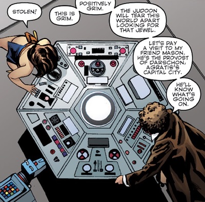 The Fourth Doctor, Leela and K-9 around the console. (COMIC: A Rare Gem [+]Loading...["A Rare Gem (comic story)"])