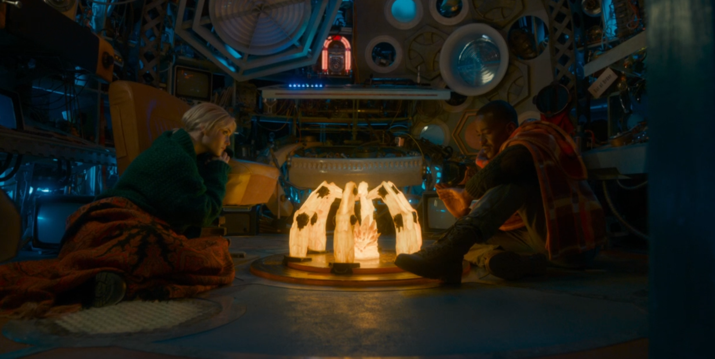 The Fifteenth Doctor and Ruby reflect in the Remembered TARDIS during their battle with Sutekh. (TV: Pyramids of Mars [+]Loading...["Pyramids of Mars (TotT TV story)"])