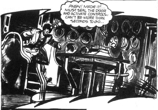 The Doctor hurries into the secondary control room. (COMIC: The Mutants [+]Loading...["The Mutants (comic story)"])