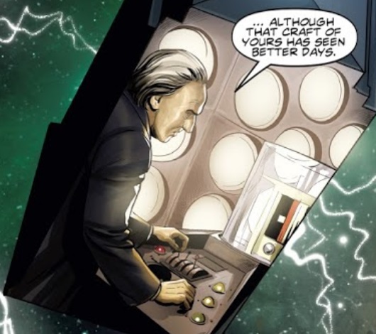 The First Doctor pilots his TARDIS. (COMIC: The Lost Dimension [+]Loading...["The Lost Dimension (comic story)"])