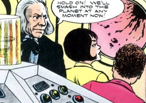 The Doctor, John, and Gillian look out of the TARDIS scanner. (COMIC: The Therovian Quest [+]Loading...["The Therovian Quest (comic story)"])