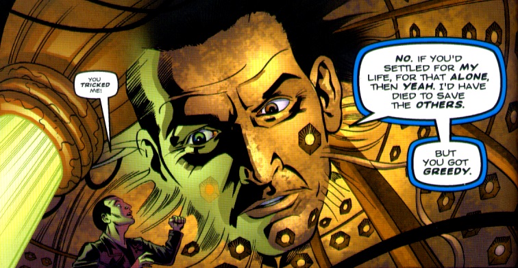 With his body stolen, the Ninth Doctor manifests in the TARDIS' ceiling. (COMIC: The Cruel Sea [+]Loading...["The Cruel Sea (comic story)"])