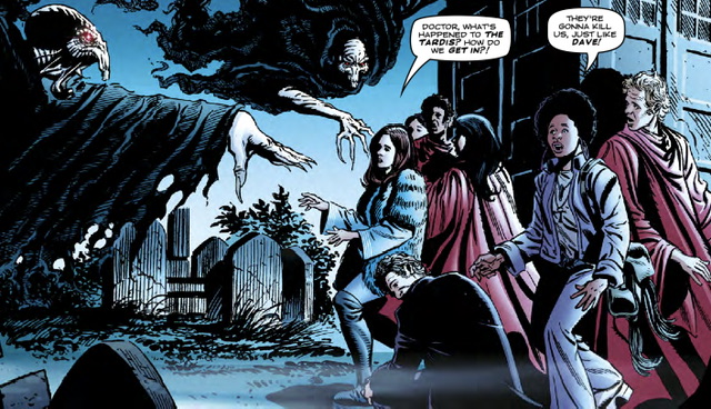 The Doctor and Clara trapped outside as the Corvids turn the TARDIS exterior to stone. (COMIC: The Highgate Horror [+]Loading...["The Highgate Horror (comic story)"])