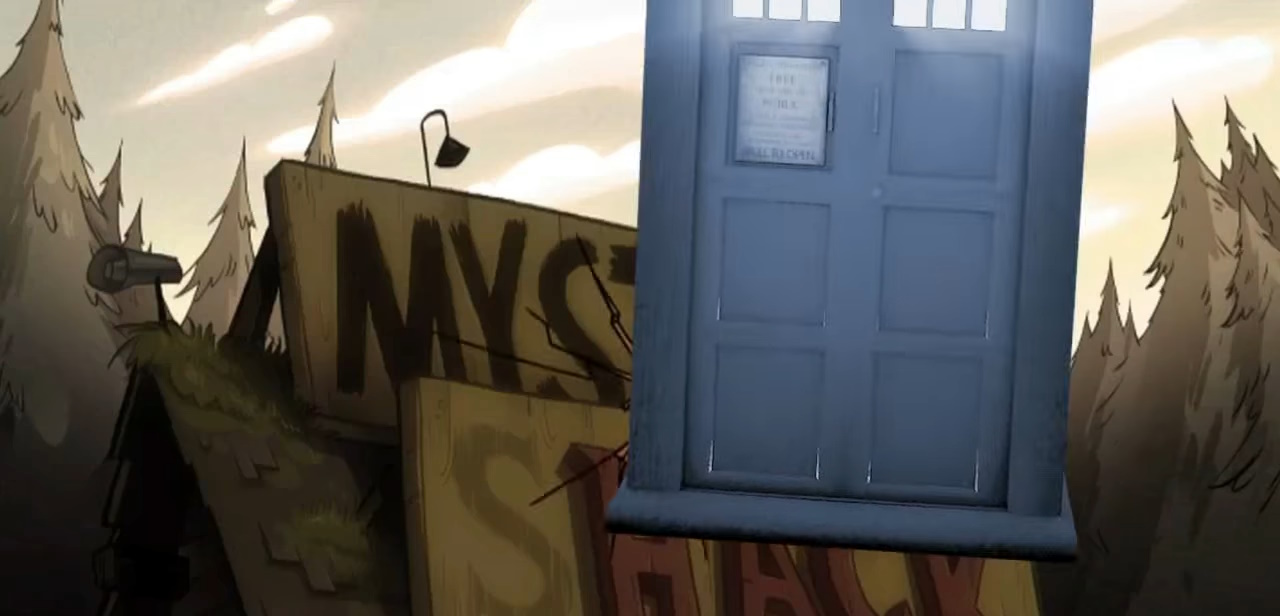 The TARDIS crashes through the Mystery Shack's roof. (TV: Untitled [+]Loading...["Untitled (Disney XD TV story)"])