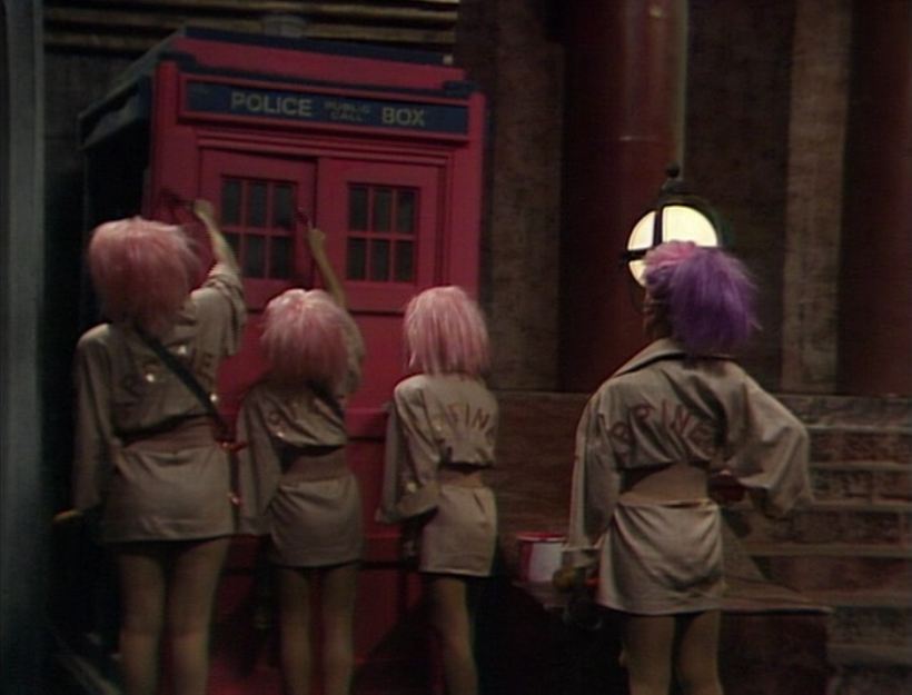 The Happiness Patrol paint the TARDIS pink. (TV: The Happiness Patrol [+]Loading...["The Happiness Patrol (TV story)"])