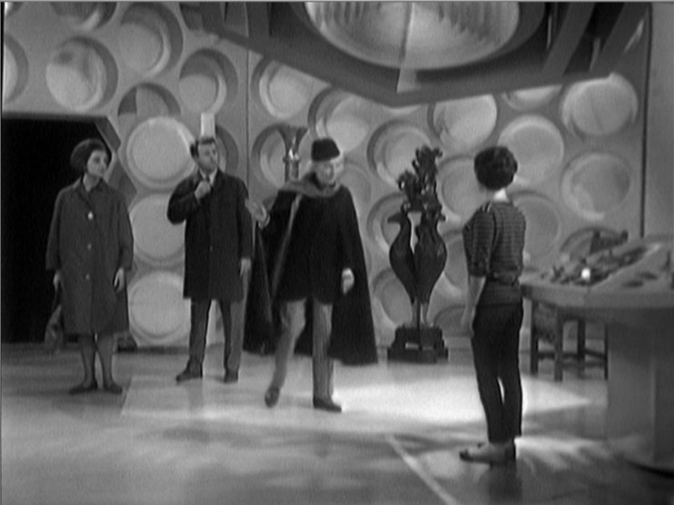 Ian and Barbara enter the TARDIS. (TV: An Unearthly Child [+]Loading...["An Unearthly Child (TV story)"])