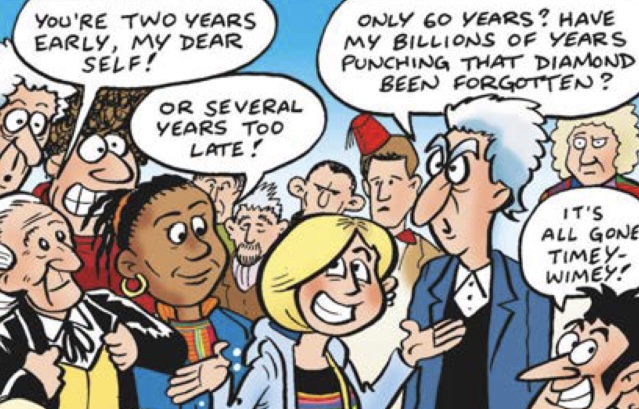 The Thirteenth Doctor summons her predecessors. (COMIC: The Daft Dimension 571)