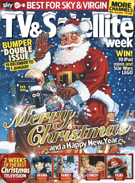 Shaun the Sheep in Santa's sack with the TARDIS on the cover of TV & Satellite Week's 2015 Christmas bumper issue.