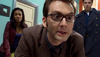 The tenth Doctor and Captain Jack in Martha Jones' flat