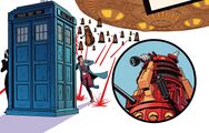 Daleks pursue the Doctor towards the TARDIS. (COMIC: Liberation of the Daleks [+]Loading...["Liberation of the Daleks (comic story)"])