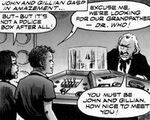 The first appearance of the Doctor in the medium of comics, alongside his grandchildren John and Gillian.