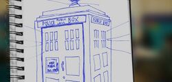 Kirby Buckets' drawing of the TARDIS in blue pen on his notepad. (TV: Untitled [+]Loading...["Untitled (Disney XD TV story)"])