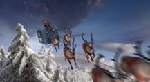 Reindeer pull the Doctor and the TARDIS through the sky