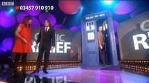 The Eleventh Doctor exits the TARDIS behind Ross.