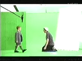 Scott walks towards a stand-in for Mr Benn in front of a green screen. Scott: "I didn't really meet Mr Benn, I just walked in front of a screen."