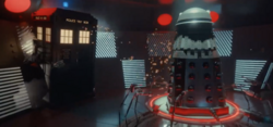 The Dalek's casing sends out sparks moments after colliding with the Fourteenth Doctor's TARDIS.