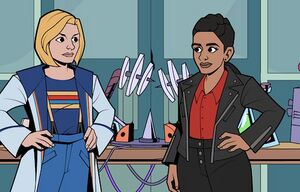 Thirteenth Doctor and Yaz in UNIT HQ laboratory in Lost in Time.jpg