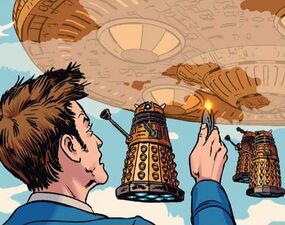 Fourteenth Doctor looks up at the Dalek Saucer.jpg