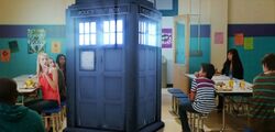 The TARDIS inside the cafeteria of Forest Hills Jr. Sr. High; "That looks just like your drawing, Kirby!".