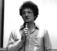 Ian Marter speaking at a Doctor Who fan convention in 1983