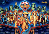 Davros, the Daleks, and the first seven Doctors on the headboard of Doctor Who Pinball: Time Streams.