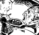 Back in the Court Room, the Golden Emperor watches angrily as Davros parlays with the Daleks' greatest enemy.