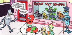 Bender and Zoidberg outside the "Robot Pet Shoppe", containing a model of K9.