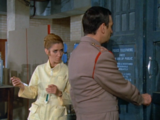 Liz watches as the Brigadier tries to get inside the Doctor's TARDIS.