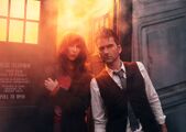 Donna Noble and the Doctor at the TARDIS's doors.