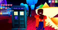 The Doctor stands next to his TARDIS in the Deep Space Zone.