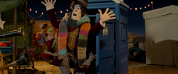 The Fourth Doctor, or a cosplayer, sees the Dalek costumes. (NOTCOVERED: Farmageddon)