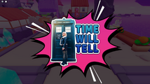 Sticker of Ruby Sunday and the Doctor's TARDIS: "Time Will Tell".