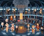 The Third Doctor inside the Twelfth Doctor's TARDIS's control room.