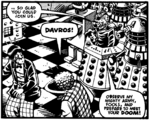 Davros ambushes the Second and Sixth Doctors with an army of Daleks and Quarks.