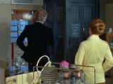 Liz and the Doctor from the back as they consider the TARDIS.