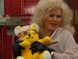 Pudsey with Letitia Dean during the filming of TV: Dimensions in Time